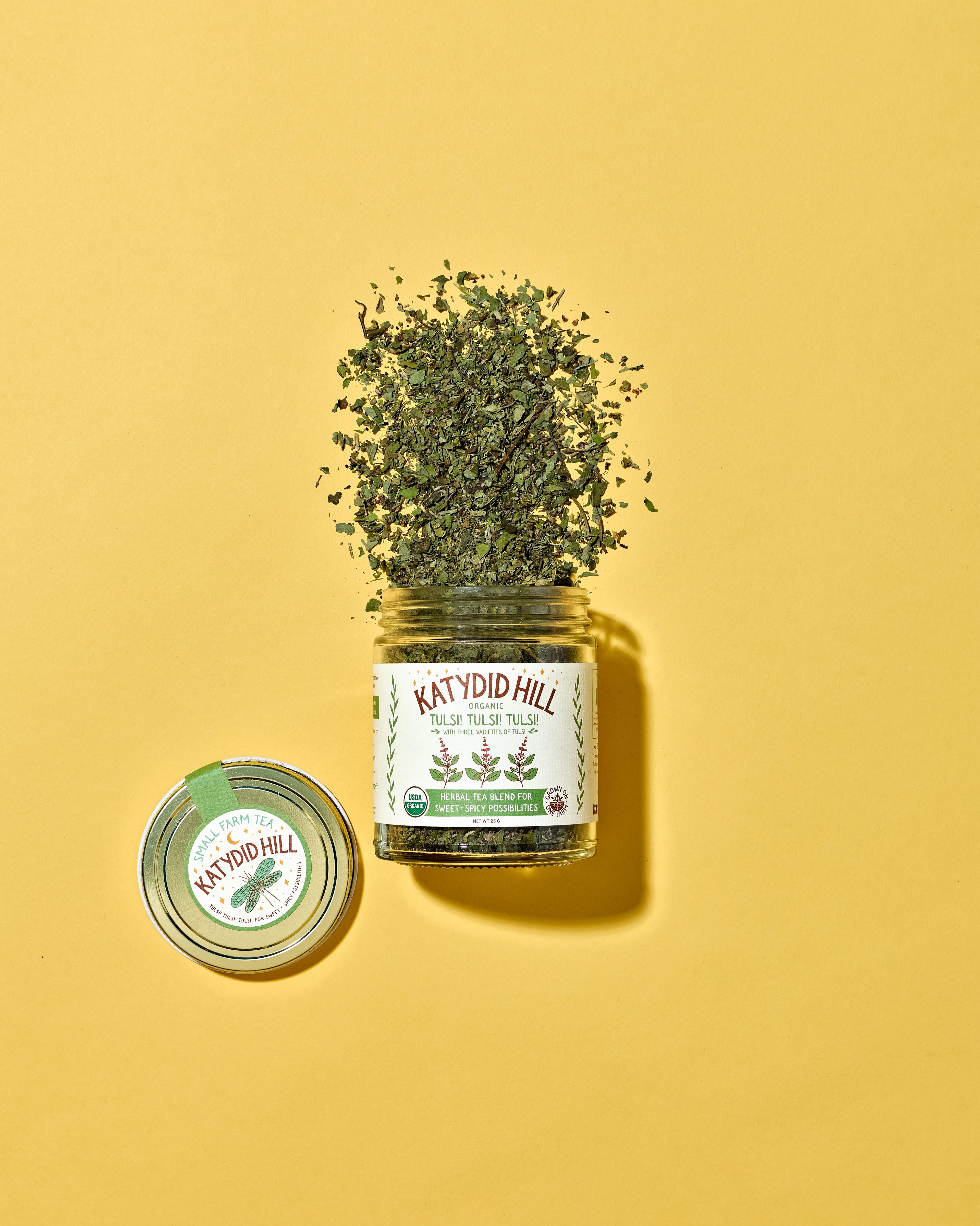 Organic Tulsi! Tulsi! Tulsi! with 3 varieties of tulsi in a glass jar.
Herbal tea blend for sweet + spicy possibilities