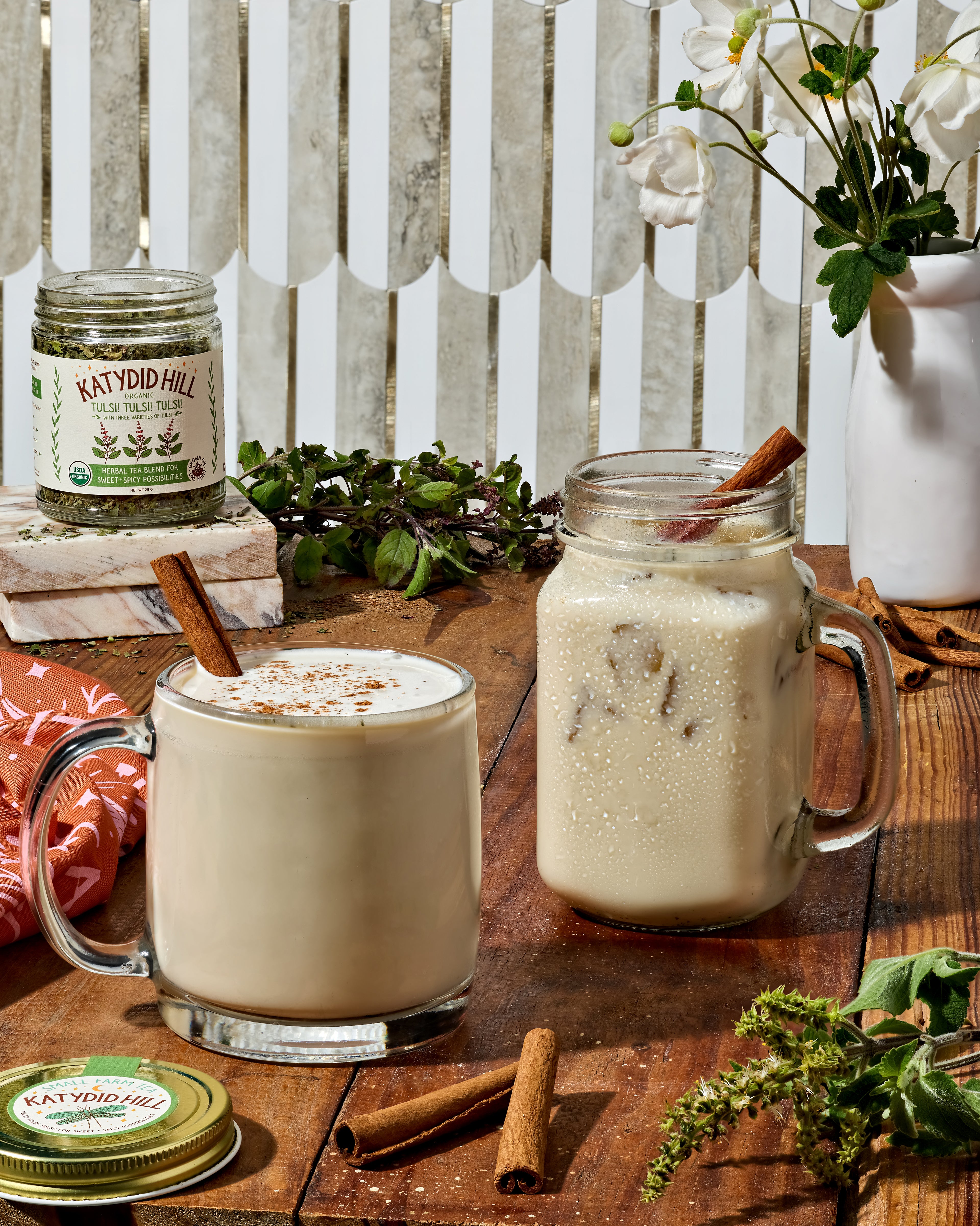 Organic Tulsi! Tulsi! Tulsi! with 3 varieties of tulsi in a glass jar.
Herbal tea blend for sweet + spicy possibilities. Use to make hot or cold drinks.