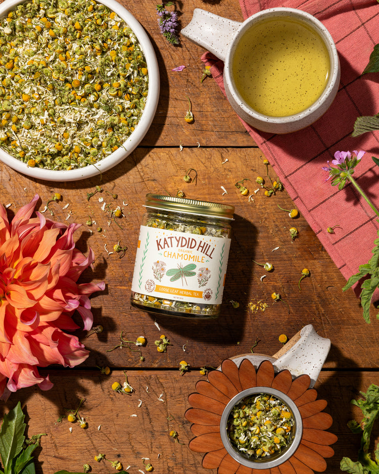 chamomile tea in a glass jar with wood countertop and mug