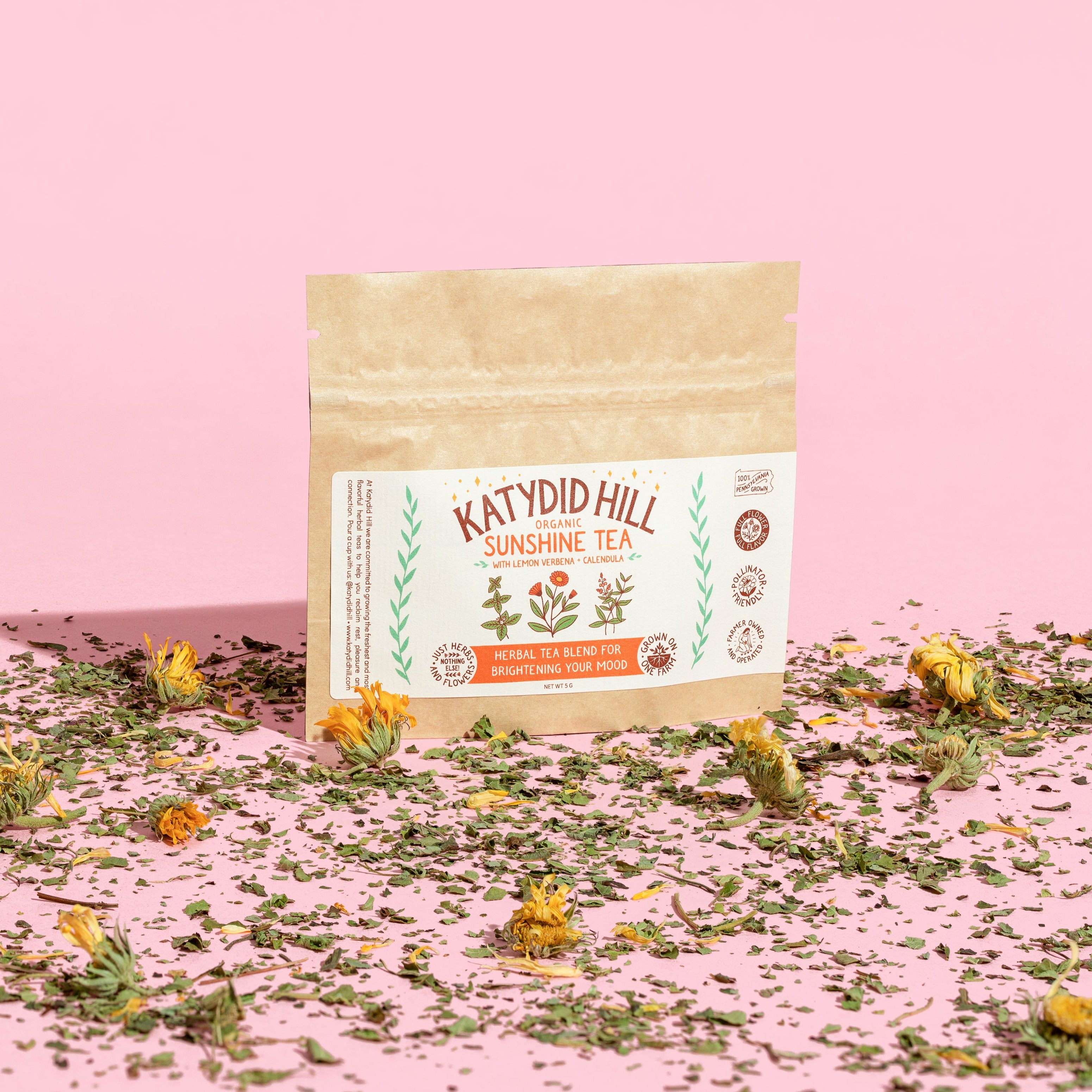 sunshine tea sample pack with loose herbs and pink background