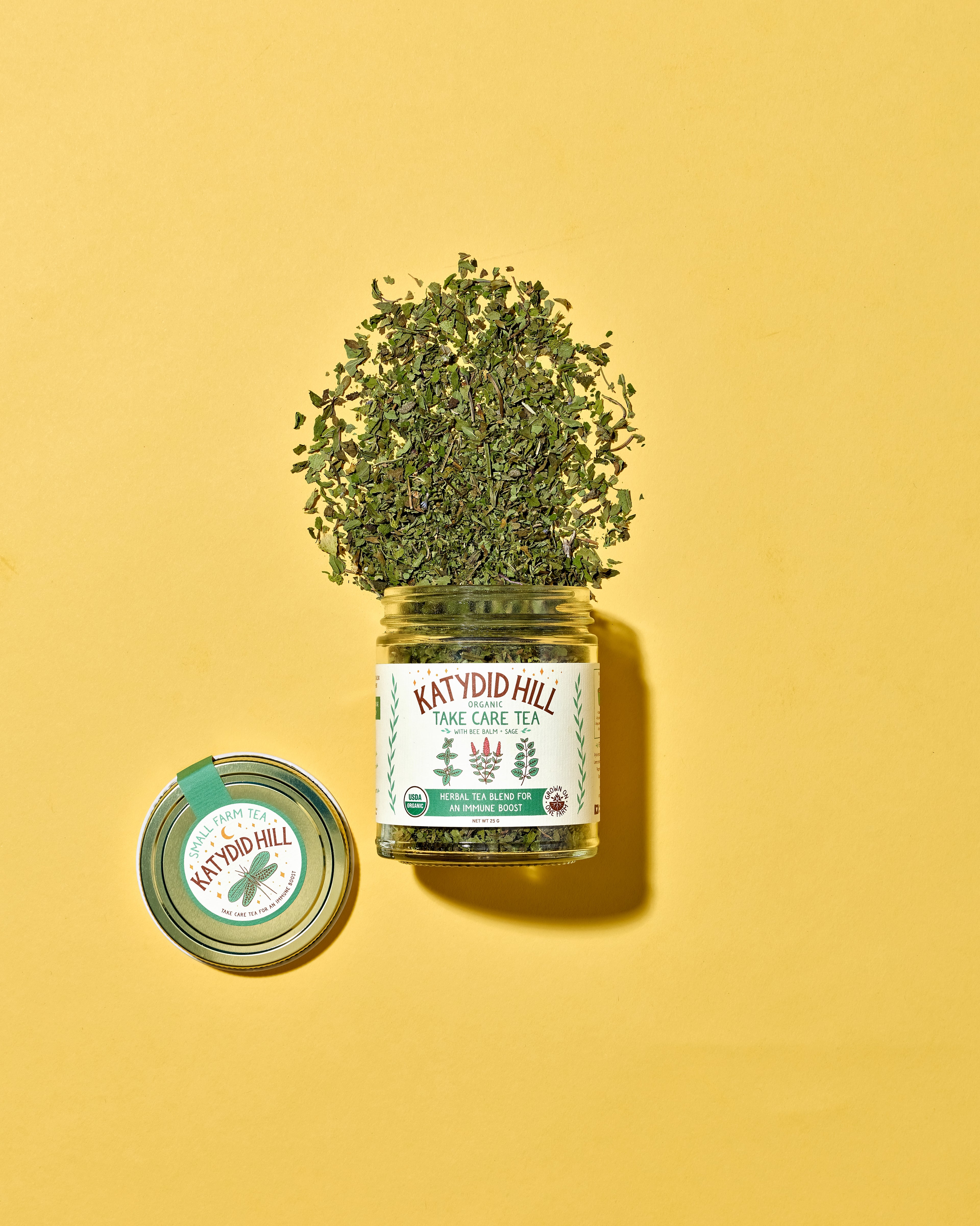 Closeup of take care tea loose leaf tea with bee balm and sage in glass jar. Herbal tea blend for an immune boost.