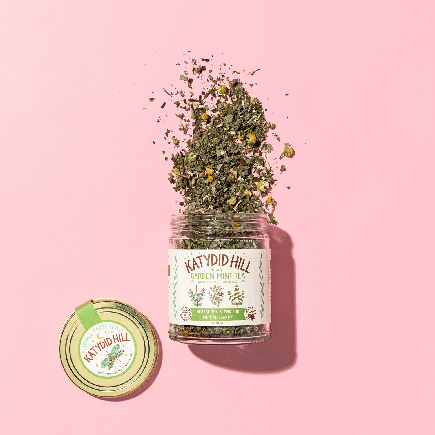 glass jar of garden mint loose leaf tea on to pink background.