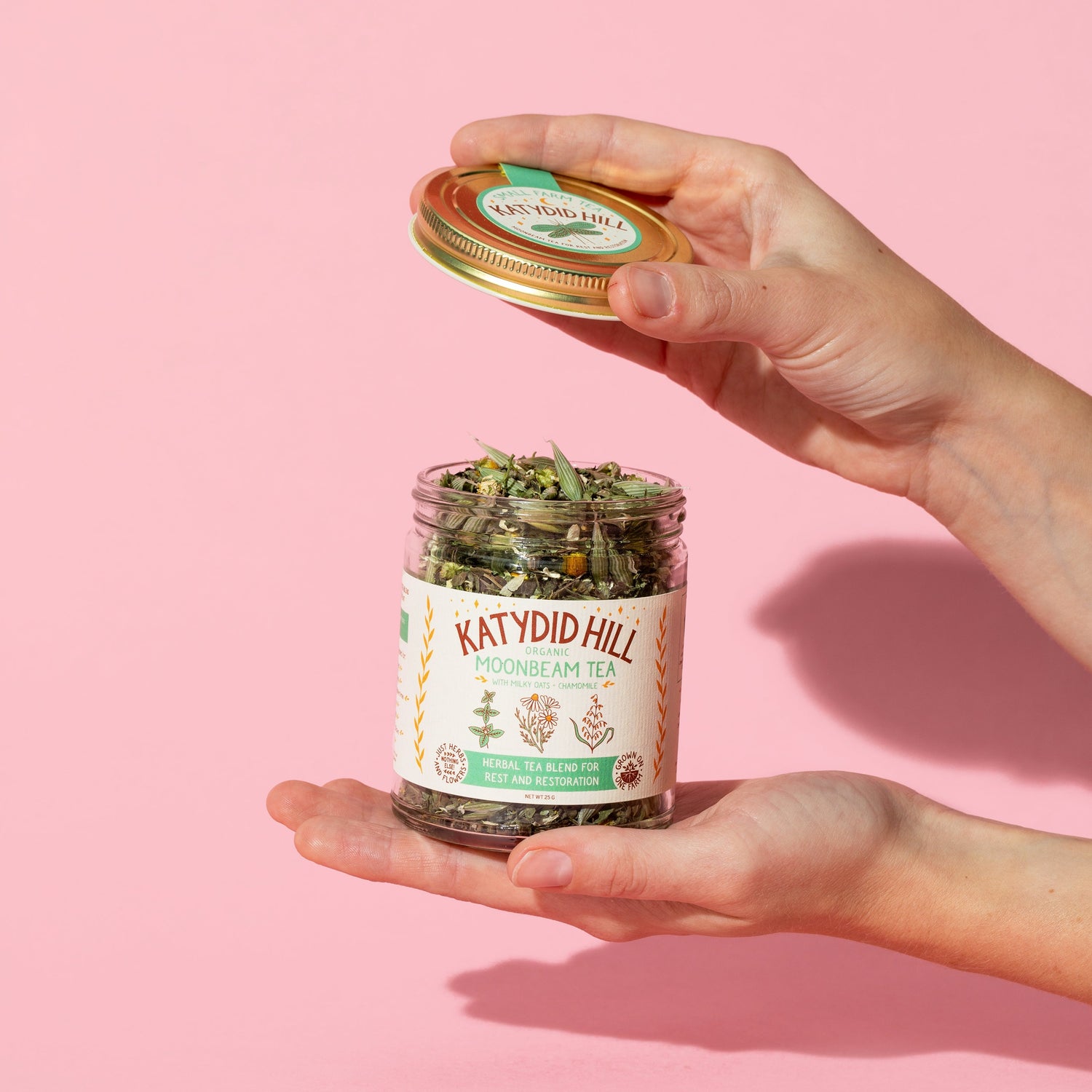 hands holding an open jar of moonbeam loose leaf tea on pink background