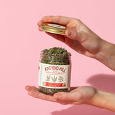 hands holding an open jar of rosey applemint tea on pink background