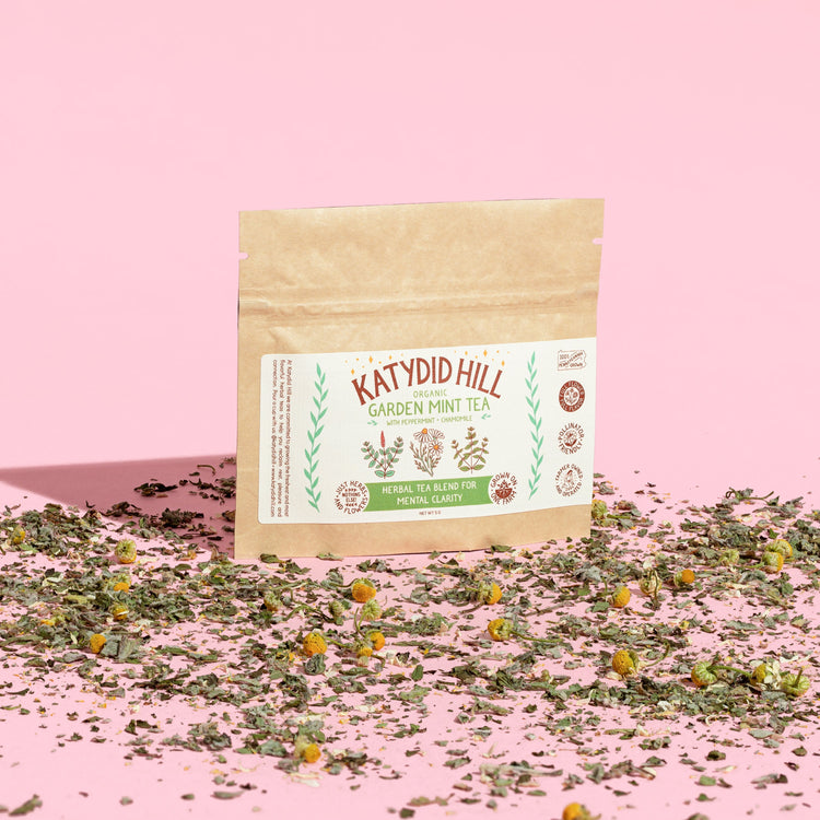 garden mint tea sample pack on pink background