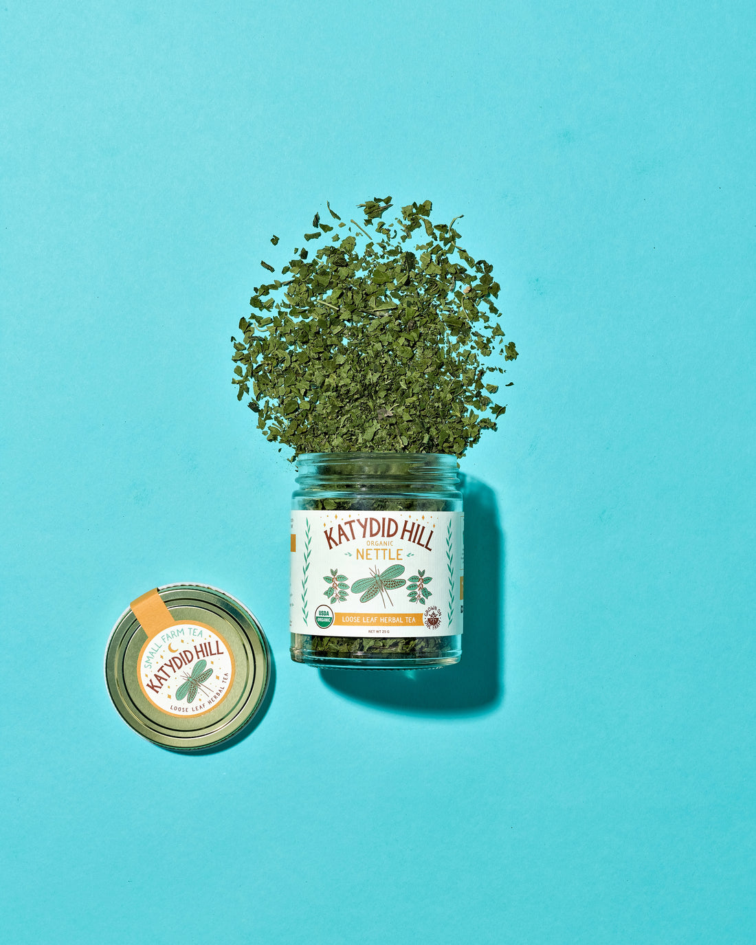 Katydid Hill organic nettle loose leaf herbal tea shown in a jar.