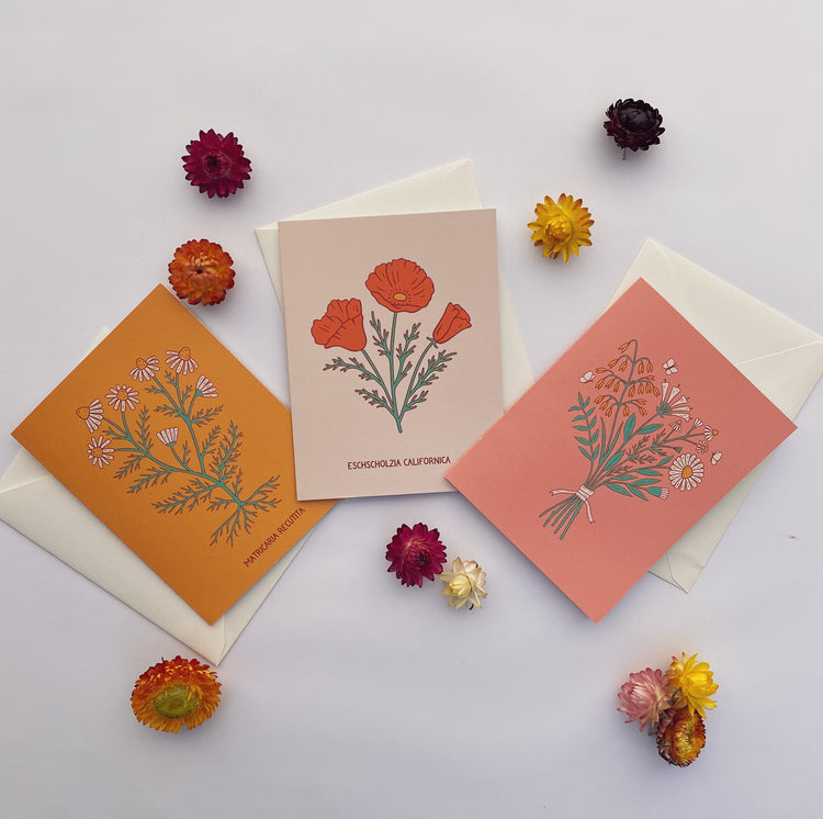 Herbal tea notecards with botanical drawing of chamomile, California poppy, and a mixed herbal bouquet.