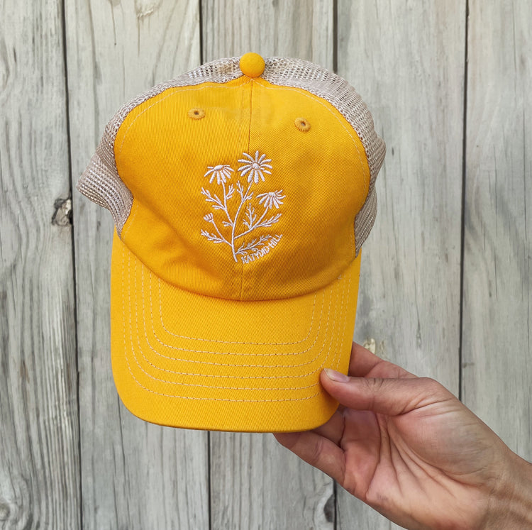 katydid hill chamomile cap. yellow cap with chamomile white embroidery 