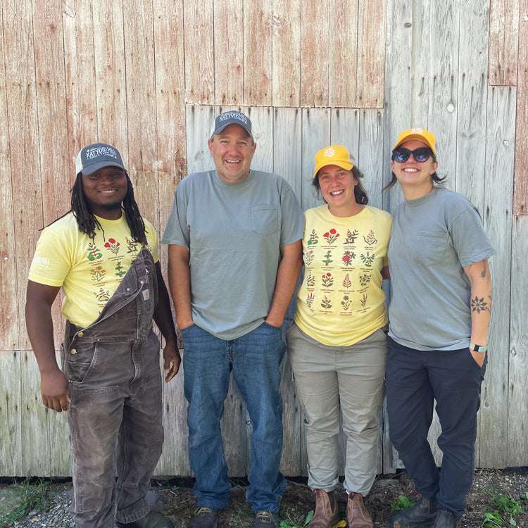 4 people wearing katydid hill yellow and gray tshirts