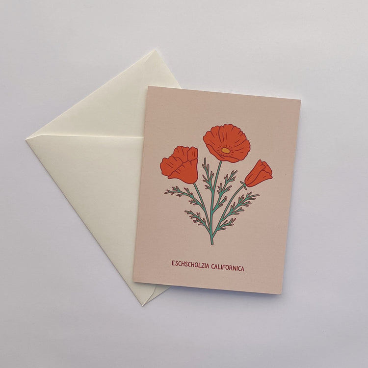 California poppy botanical drawing on a blank notecard