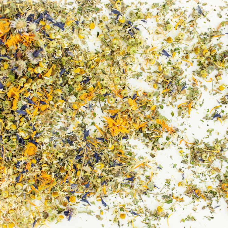 Loose leaf herbal tea: flower tea with tulsi, rose geranium, anise hyssop, chamomile, calendula and bachelor buttons 